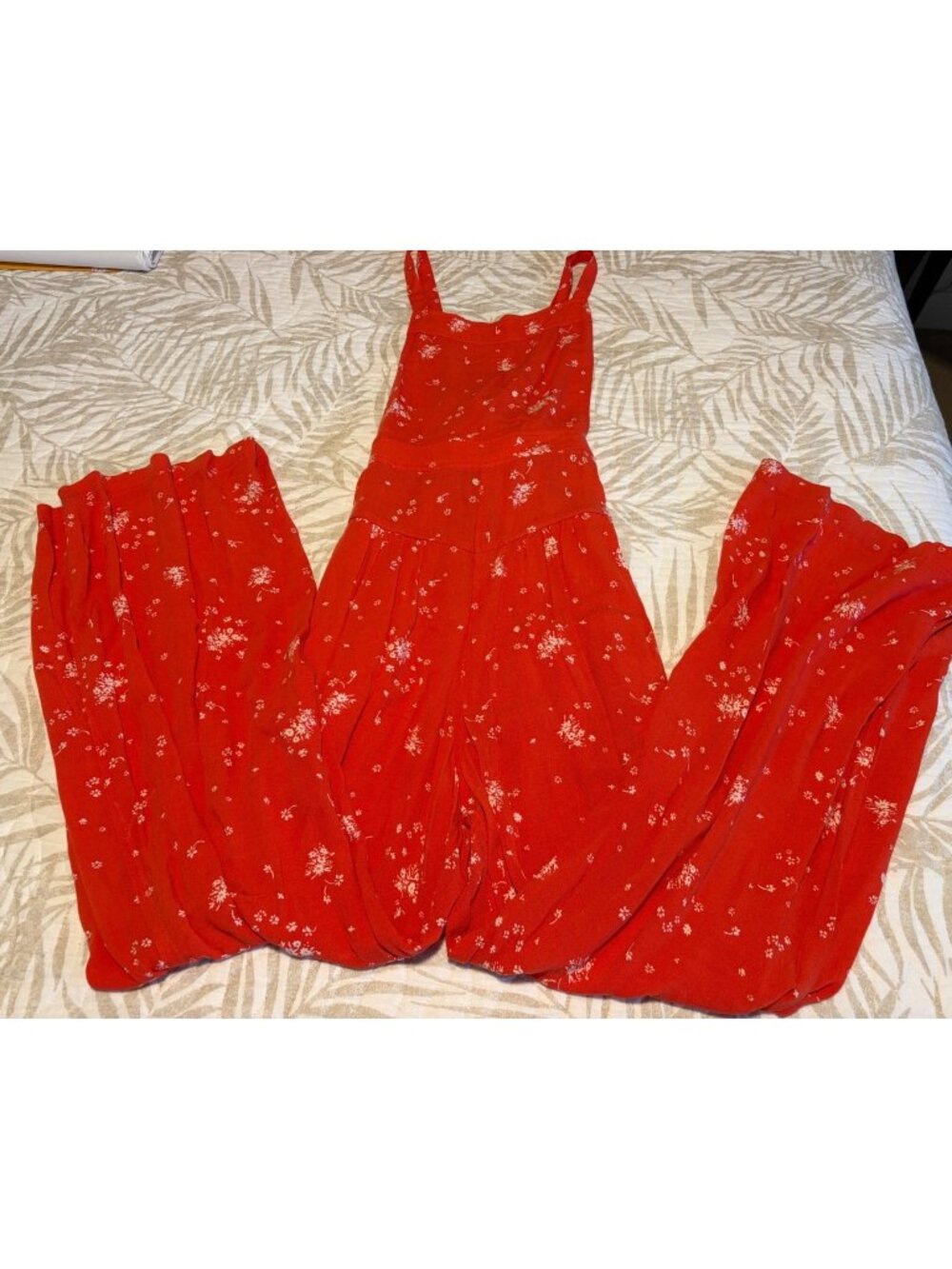 Free People Orange Red Floral Wide-Leg Jumpsuit XS Adjustable Straps Pockets
